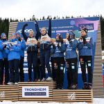 Sweden women's relay team skiing during 4x7.5km final February 2026