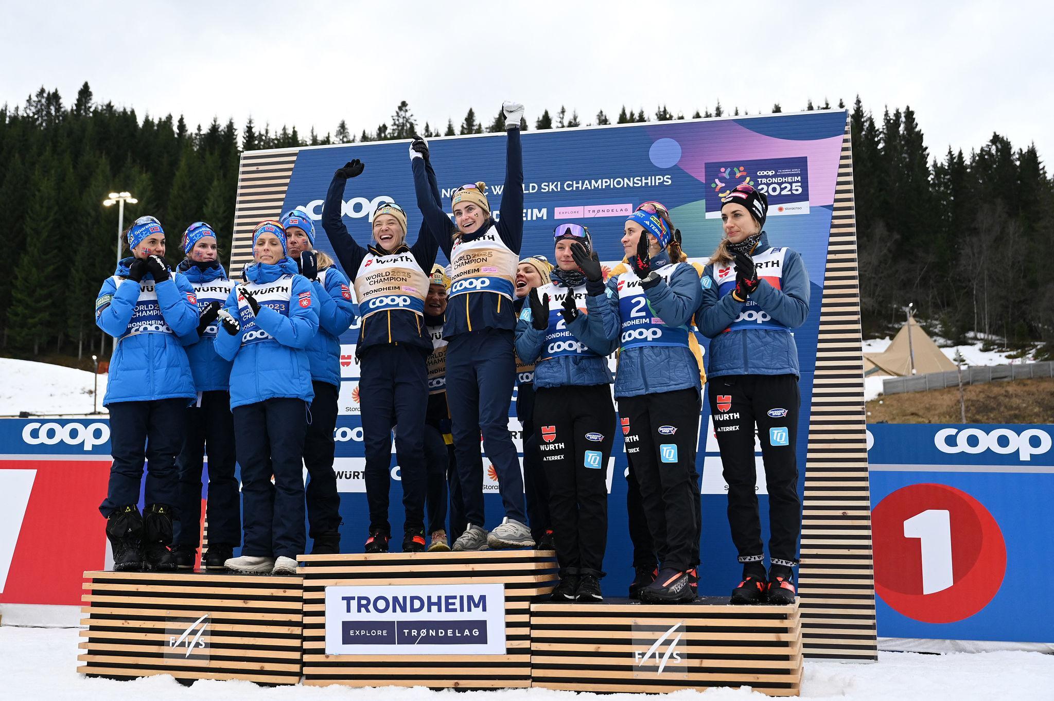 Sweden women's relay team skiing during 4x7.5km final February 2026