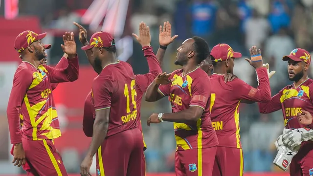 West Indies batter plays boundary shot during Nepal vs West Indies 25th Match Group C 2026 at Wankhede Stadium Mumbai